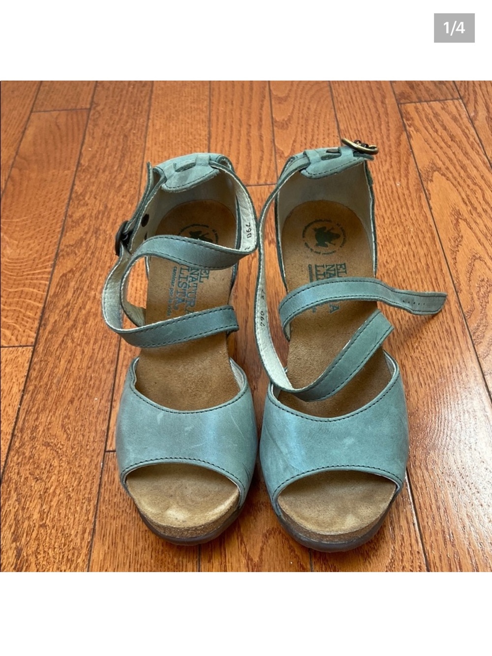 Women's Leather Ankle-Strap Wedge Sandals in Light Teal